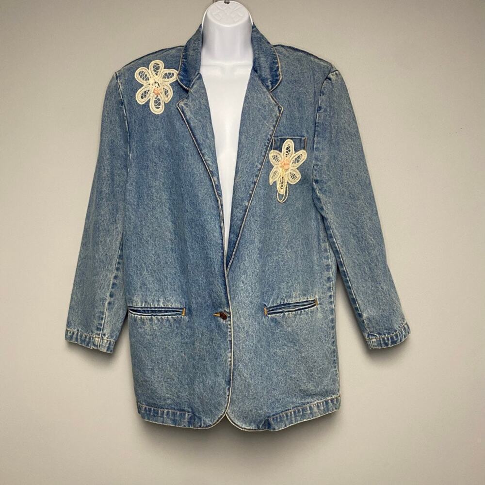 VTG Jordache Denim Jean Jacket 80s Lace Flower One Button Womens Sz‎ M